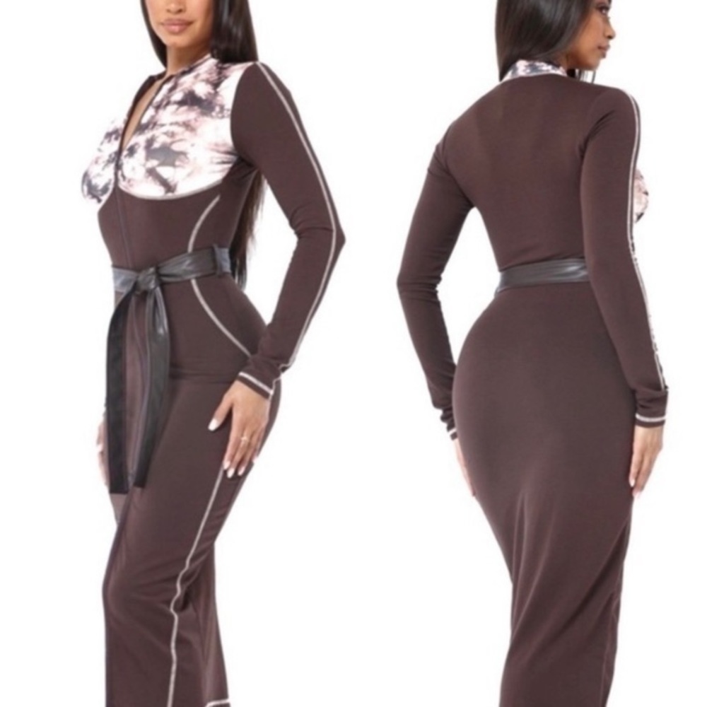 Women Brown Marble Color Block Belted Body Con Dress - Picture 6 of 11